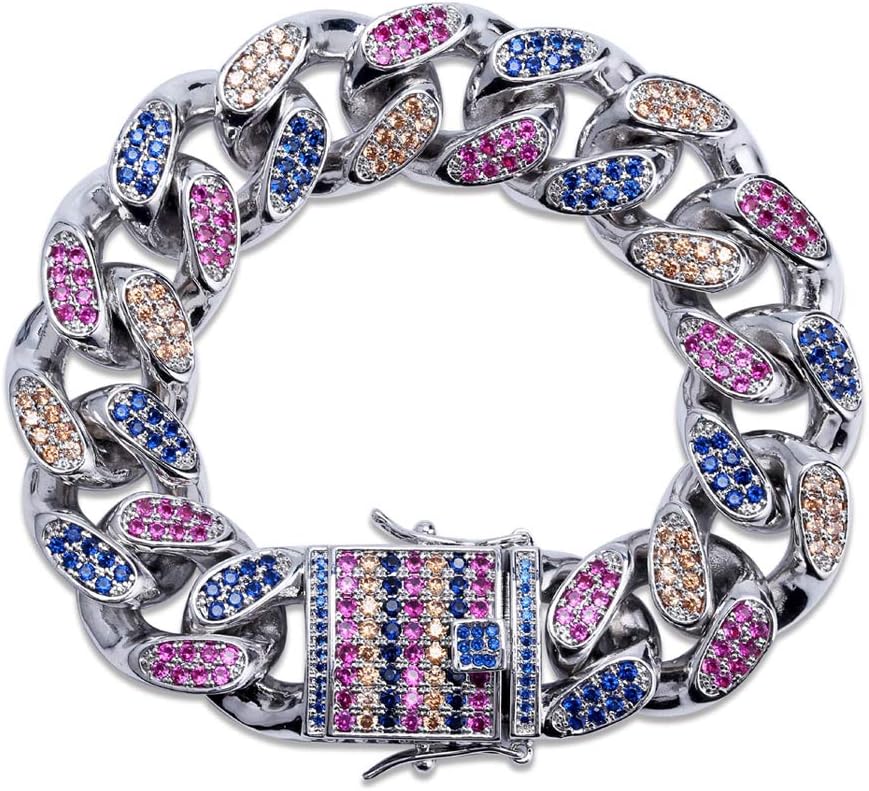 KOSMOLING Hip Hop Jewelry 18MM Multicolor Personalized Cuban Link Chain Bracelet Iced Out CZ Hip Hop Bangle 7inch 8inch