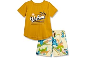 Volcom Baby Boys Swim Set - 2 Piece Short Sleeve Swim Shirt Graphic Tees & Board Shorts, Infant Toddler Little Boys Swimsuit
