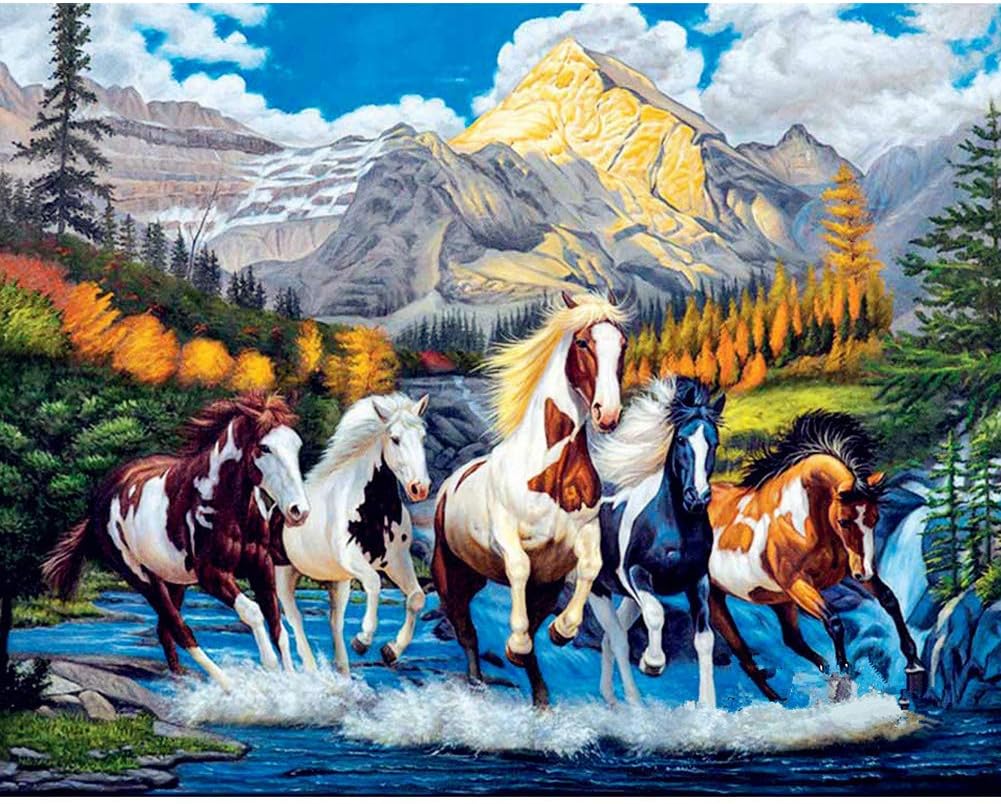HUIHE Full Drill Diamond Painting Kits for Adults by Number Kits,Running Horse Painting Round Rhinestone Cross Stitch Embroidery Art