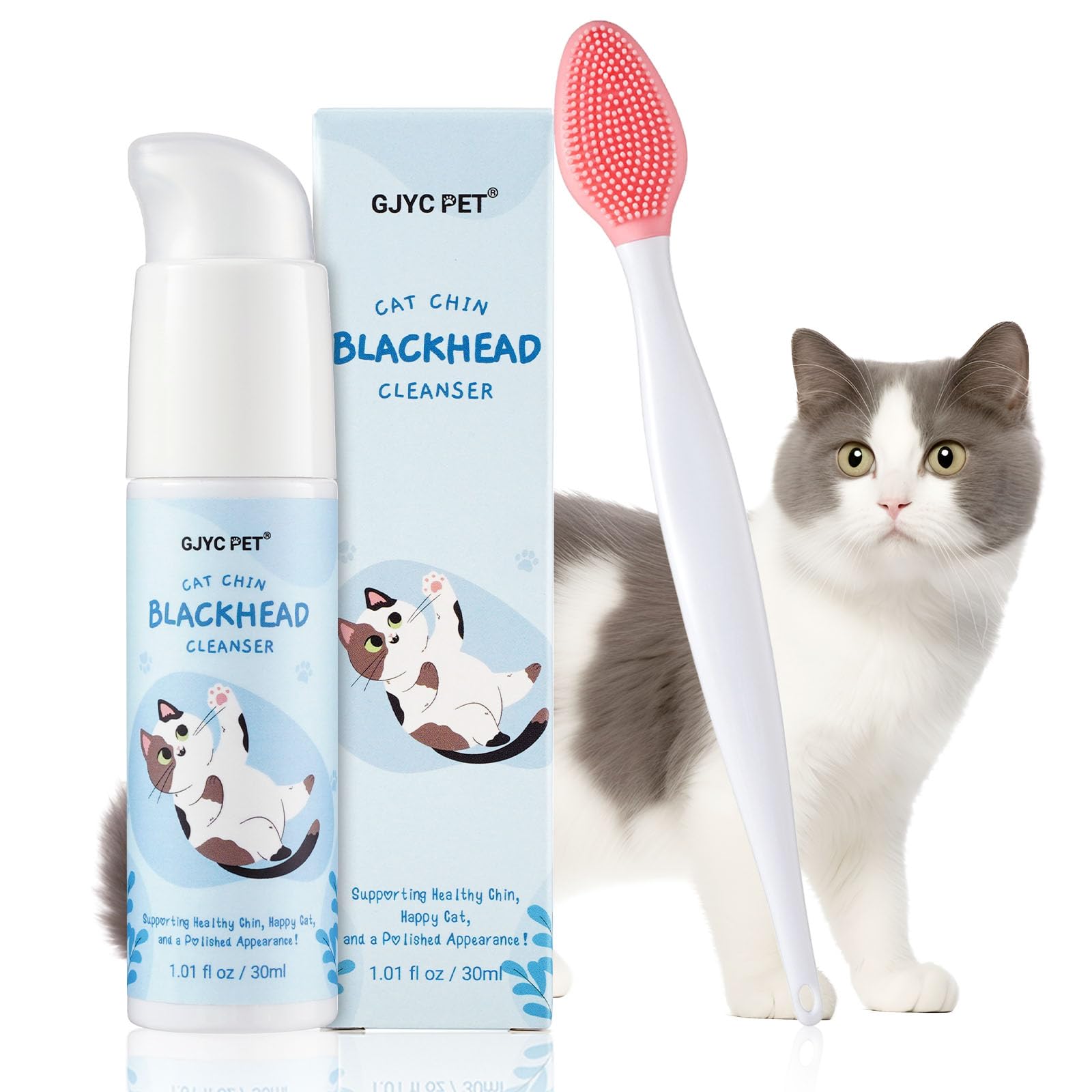 GJYC PET Cat Chin Acne Care Kit - Cat Acne Cleansing Lotion 30ml with Acne Cleansing Brush, Gently Removes Blackheads Caused by Unhygienic Diets, Keeps Cat's Chin Clean