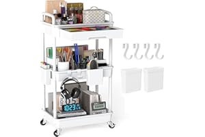 LLMRR 3 Tier Rolling Utility Cart with Drawer, Plastic Storage Organizer Rolling Carts with Wheels Handles Hanging Cups Hooks for Office, Bathroom, Kitchen,Craft Art Room (White)