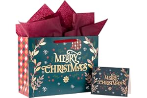 Loveinside Christmas Gift Bags with Tissue Paper for Christmas, Holiday and Party, and More - 16" x 6" x 12", 1 Pcs - Diamond Pattern and Wishes