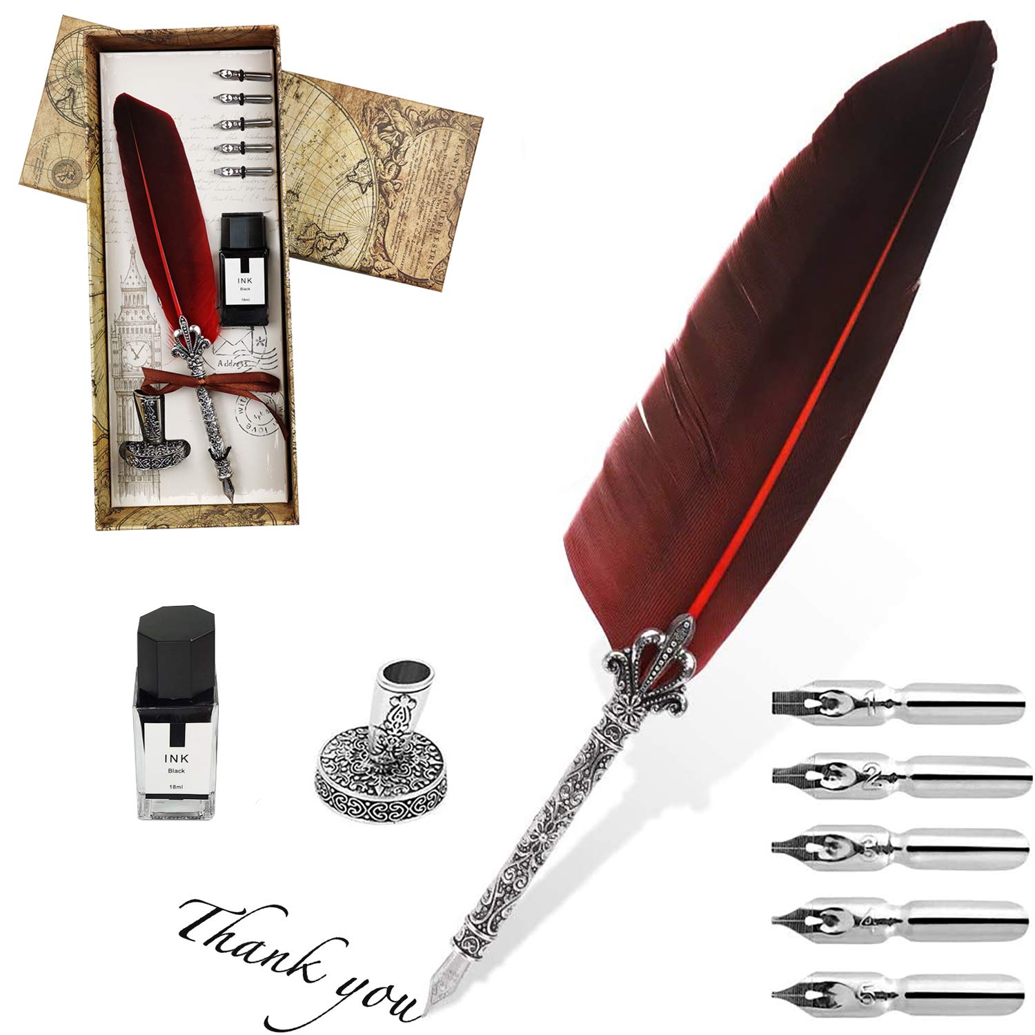 Feather Pen,Vintage Dip Pen, English Calligraphy Pen,Ink Bottle Set with 5 Replacement Nibs for Stationery Gift and Writing Stationery