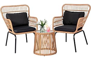PROHIKER 3 Pieces Outdoor Wicker Bistro Patio Furniture Set, Porch Furniture Rattan Conversation Sets with Side Table and Cushions for Garden Poolside Backyard, Yellow/Black