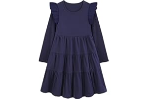 Poroka Girls Ruffle Sleeve Dress Tiered Swing A-Line Twirly Skater Midi Casual Dress for Kids with Pockets Summer Fall Winter