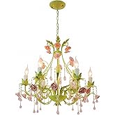 Radiya Modern Crystal Rose Chandelier, Vintage Farmhouse Green Metal Chandeliers, French Countryside E14 Candle Pendant Light
