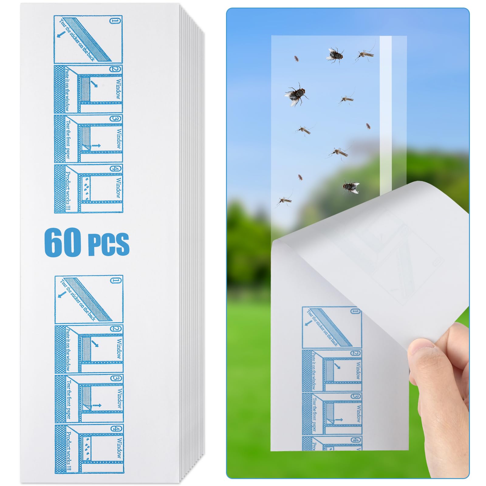 Flintronic 60-Pack Windows Fly Traps, Fly Paper Sticky for Indoors, Non-Toxic Fly Catcher Clear Trap for Insect, Bugs, Fly & Fruit