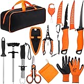 RoundFunny 13 Pcs Fishing Tool Kit, Fishing Pliers with Lanyard, Fillet Knife, Fish Lip Gripper, Hook Remover, Braid Scissors, Sharpening Rod, Tool Retractor, Gloves, Microfiber Towel, Storage Bag