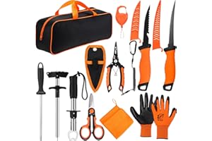 RoundFunny 13 Pcs Fishing Tool Kit, Fishing Pliers with Lanyard, Fillet Knife, Fish Lip Gripper, Hook Remover, Braid Scissors, Sharpening Rod, Tool Retractor, Gloves, Microfiber Towel, Storage Bag