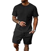 Bealin Men's Summer Beach Outfits 2 Piece Vintage Short Sleeve T Shirts and Shorts Vacation Texture Sets