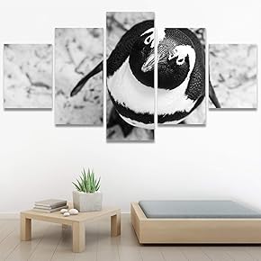 SIGNWIN 5 Panel Canvas Wall Art Penguin Closeup...