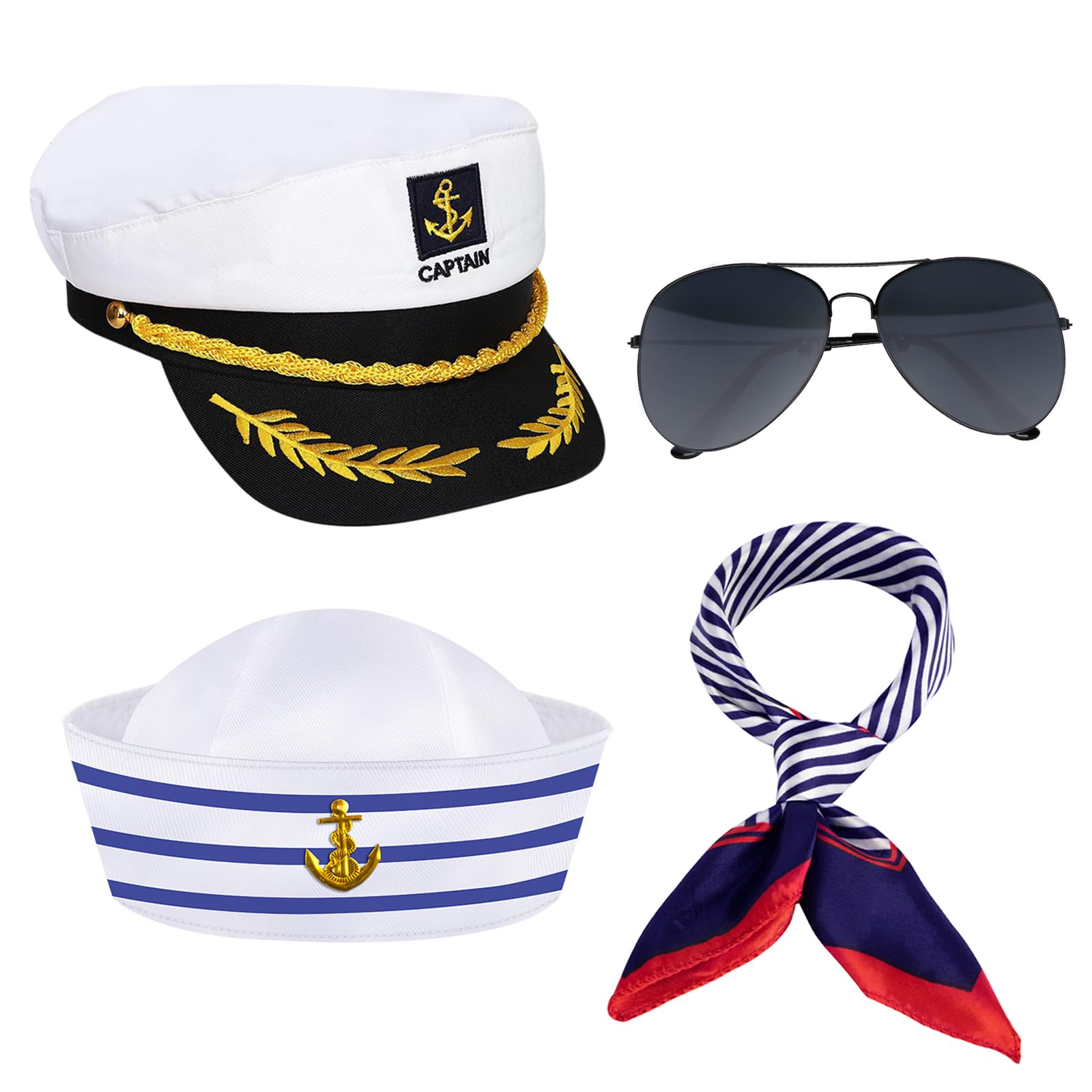 Photo 1 of ZIZWO 4PCS Yacht Captain Hat Sailor Hat Sunglasses Sailor Ship Cap Scarf Cap, Boat Captain Accessories for Women Men Party Dress Up