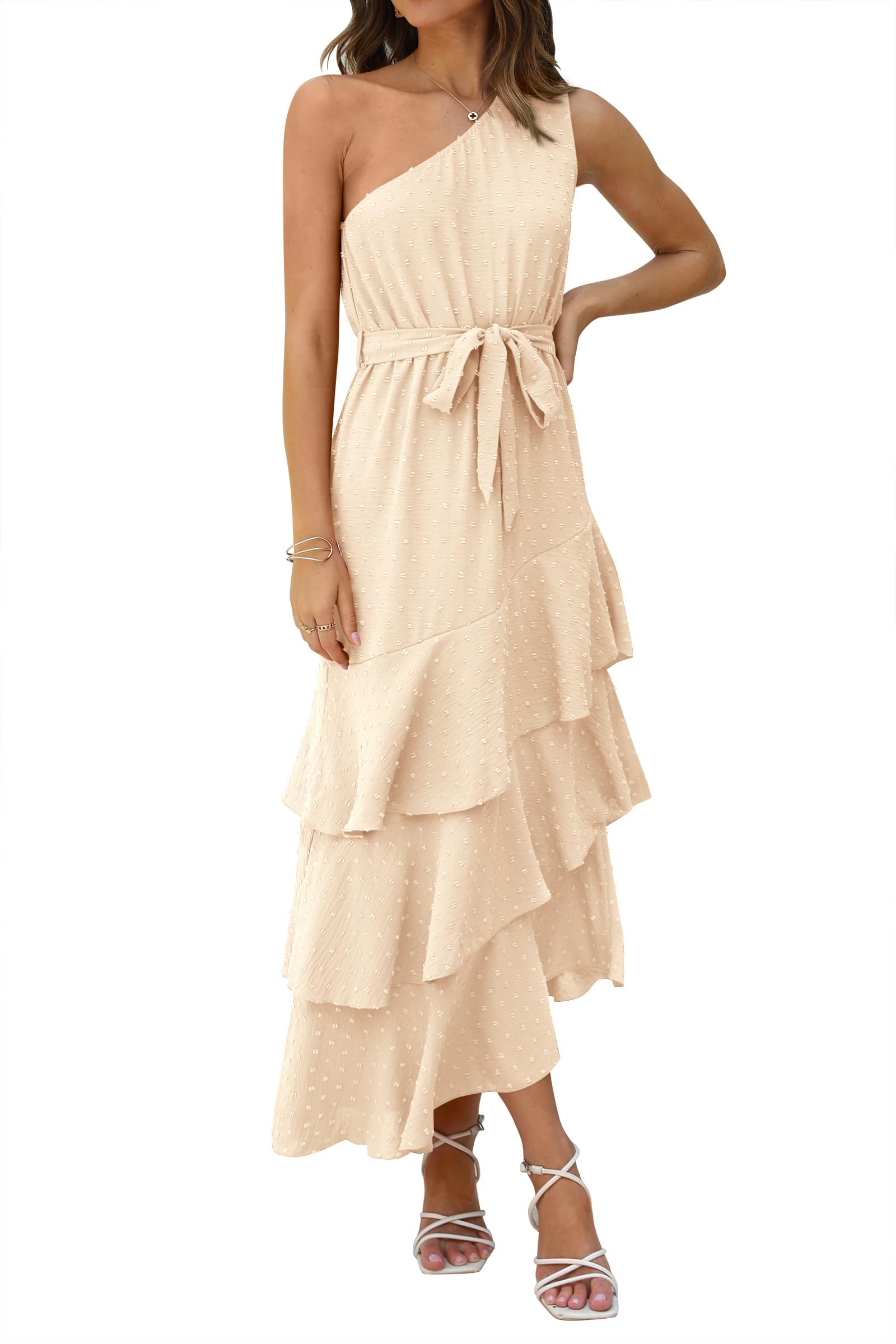 Photo 1 of *MISSIN BELT* PRETTYGARDEN Women's Summer Floral Sundress Casual One Shoulder Tiered Ruffle Flowy Midi Beach Boho Dresses (Swiss Dot Beige,Small)