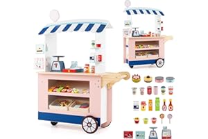 Costzon Wooden Grocery Cart, Kids Pretend Role Play Market Stand with Play Food, Beverage Rack, Cash Register, Scale, Rolling