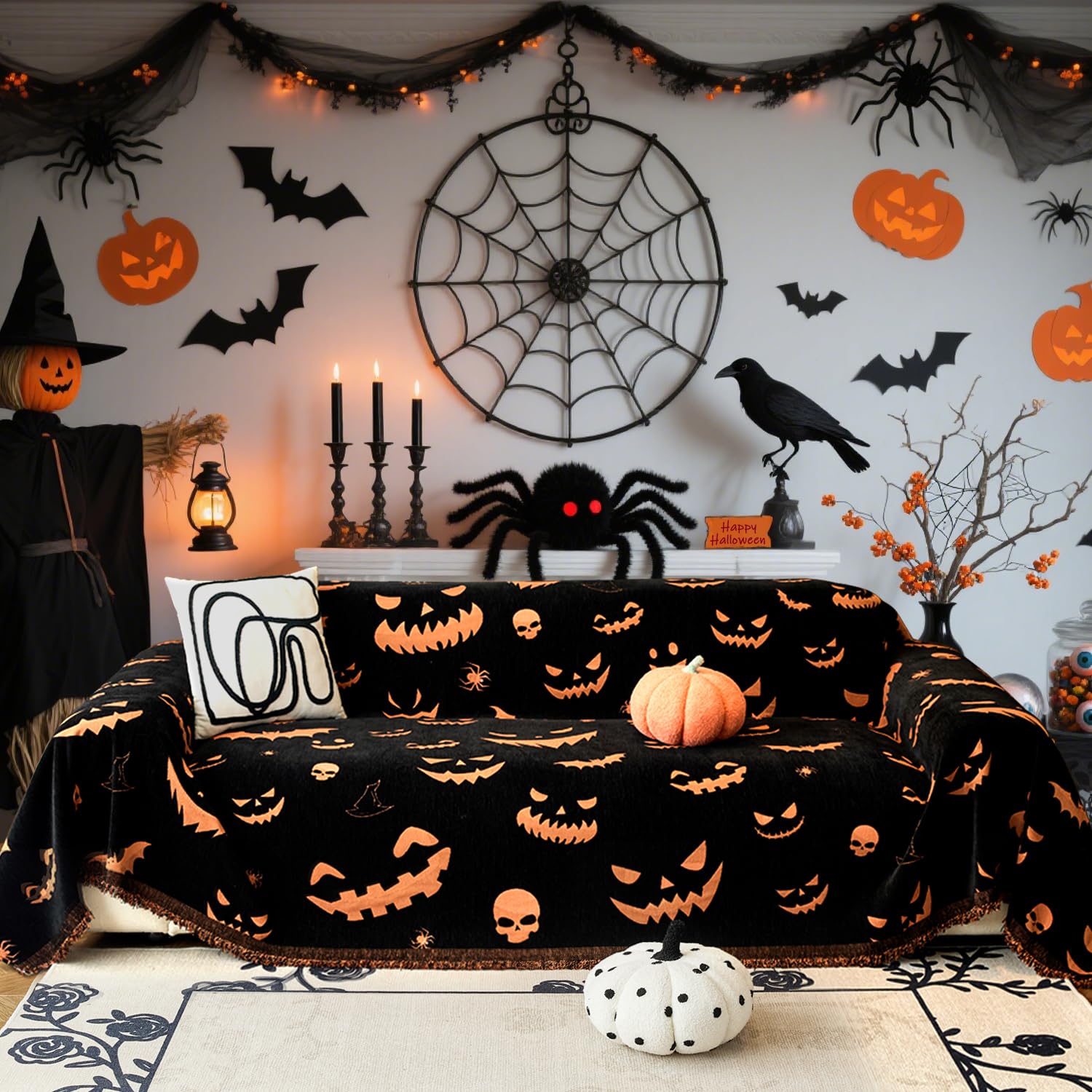 Photo 1 of EVENHUG Halloween Sofa Cover Soft Washable Reversible Couch Cover Halloween Home Decoration Sofa Slipcovers for 2-3 Cushion Couch Chenille Furniture Protecror for Pets Dogs (Ghost Face,71"x118")