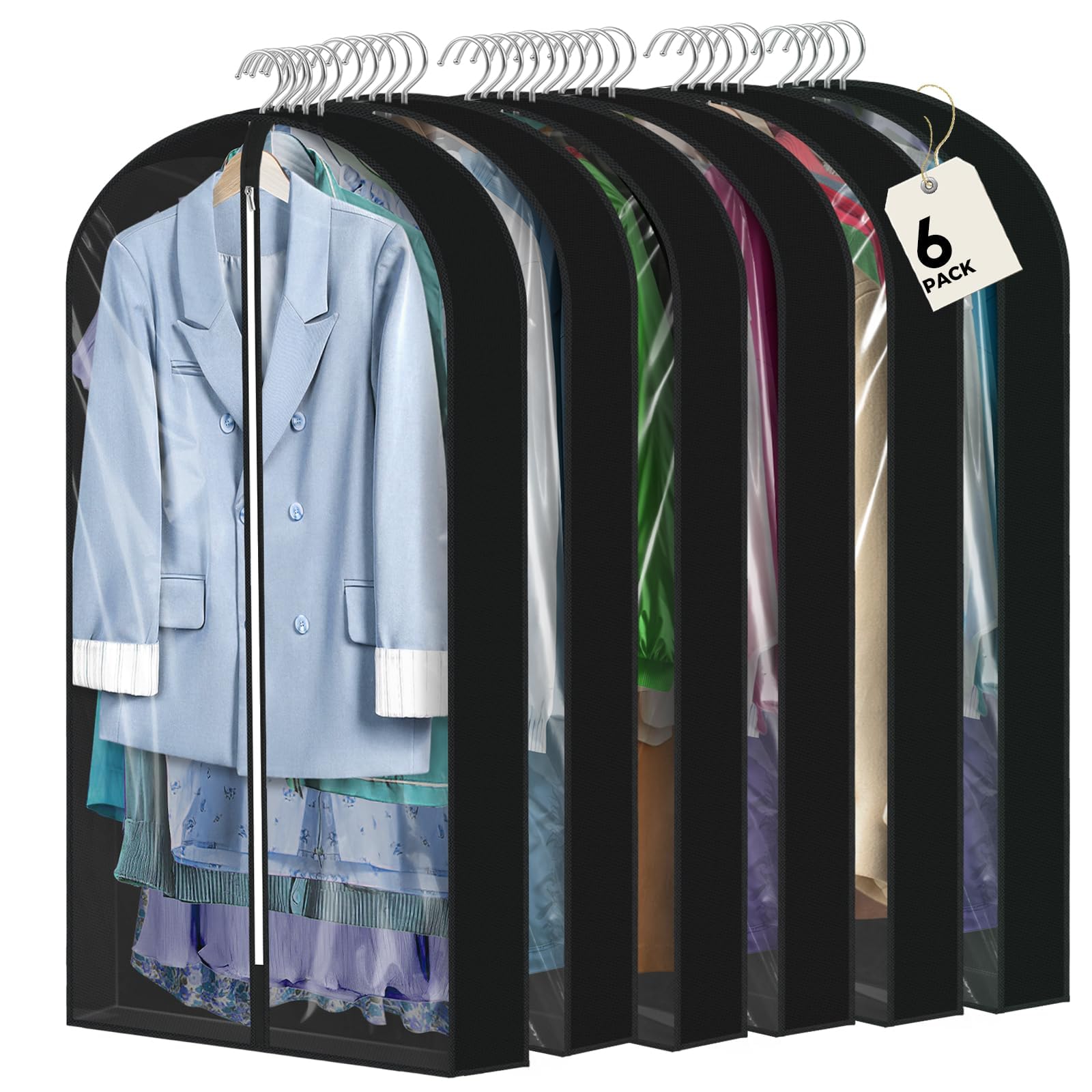 Photo 1 of 6 Pcs 40" Garment Bags for Hanging Clothes Clear Suit Bags for Closet Storage Clothing Storage, Garment Bags Shoulder Covers with 4" Gussets for Jackets, Coats, Shirts and Sweater, Black
