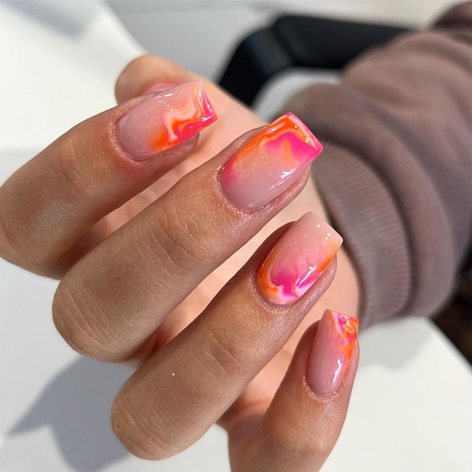 IMSOHOT Square Press on Orange Red Ombre Fake Nails with Designs Glossy Full Cover Acrylic False Summer Stick on Nails for Women Girls - Image 2