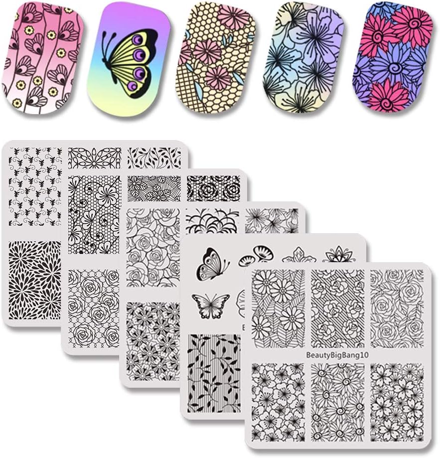 BEAUTYBIGBANG 5Pcs Floral Nail Stamping Plates Flower Heart Leaves Theme Nail Art Design Stamping Kit Manicure Template Set