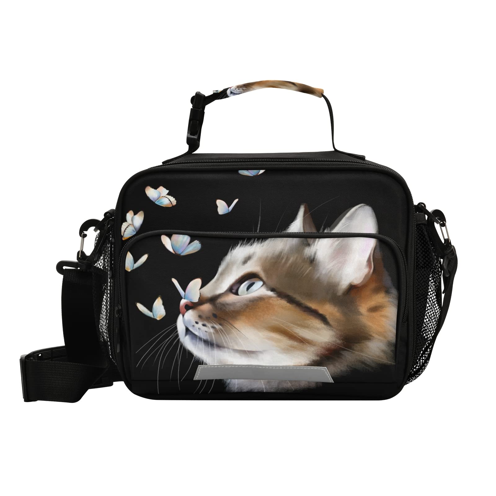 ALAZA Large Lunch Bags, Portrait of Cat with Butterflies Insulated Lunch Bags with Shoulder Straps and Buckle Handle, Crossbody Tote Lunch Box for Kids Teenager Student Girls Boys, 2 Compartments