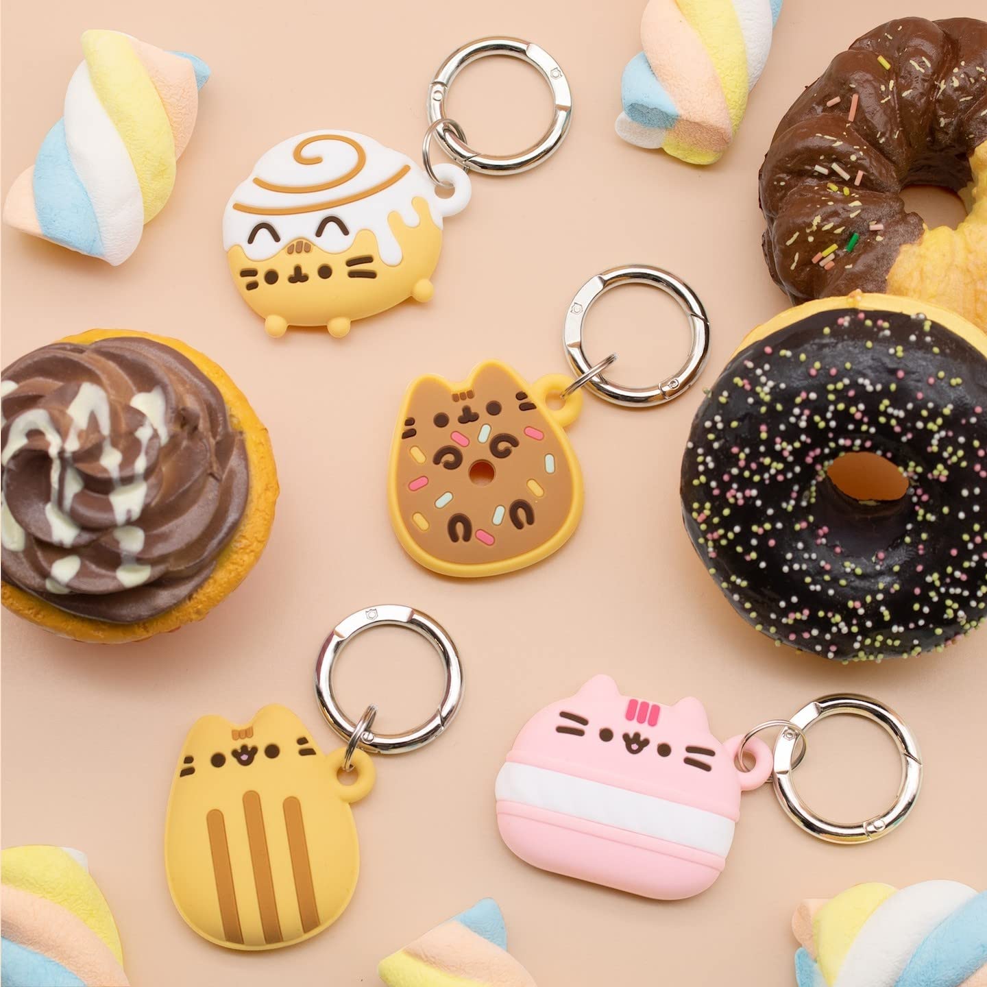 iFace x Pusheen Café Series Silicone Protective Cover Designed for Apple AirTags [Cute Character Case] [Carabiner Keychain Clip Included] - Cinnamon Roll