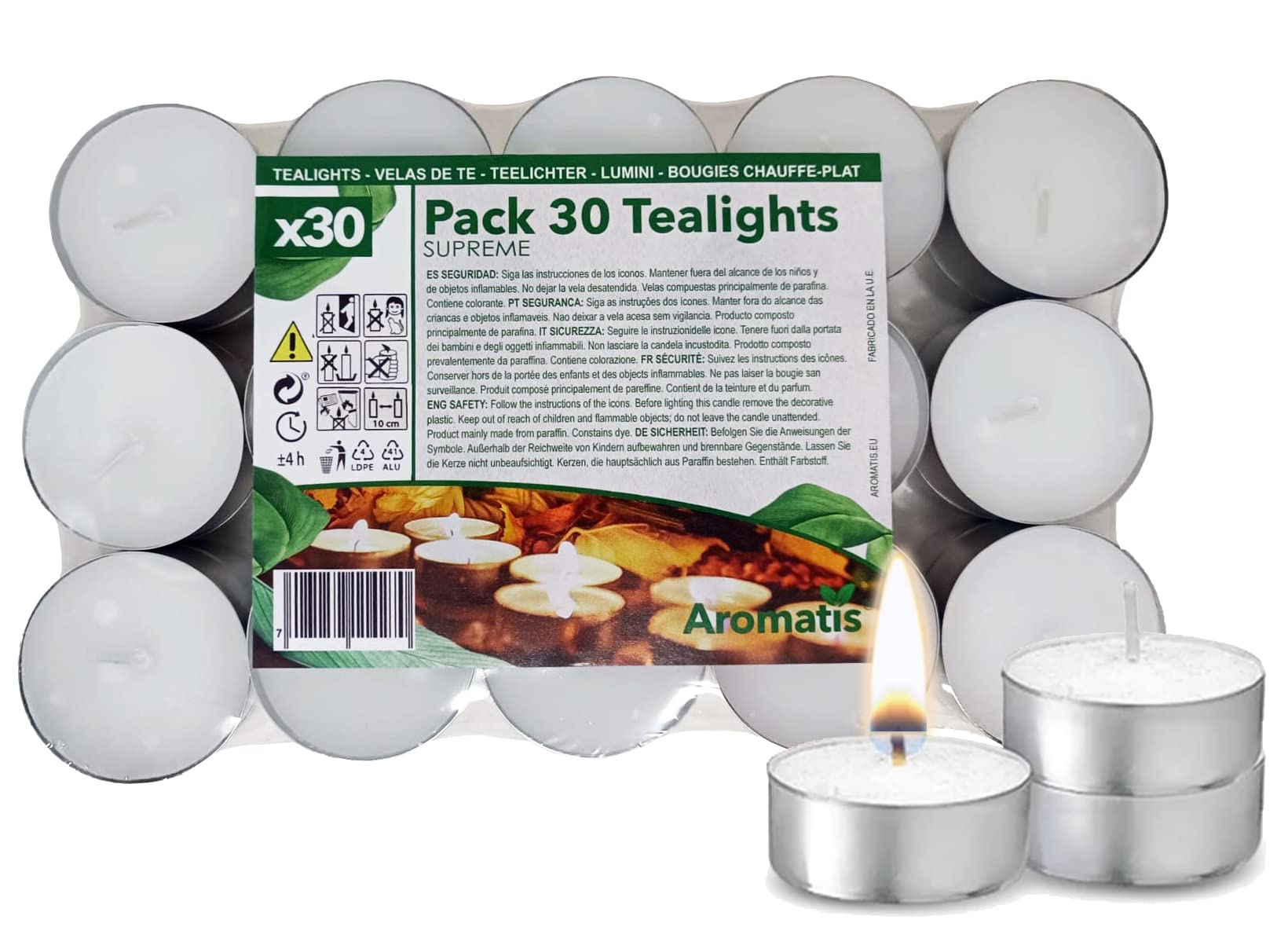 AROMATIS - 30 x individual white tea lights without fragrances - odourless tea lights diameter 39 mm - burning time 4 hours - ideal for dish warmers, decoration, ambience, essence burners