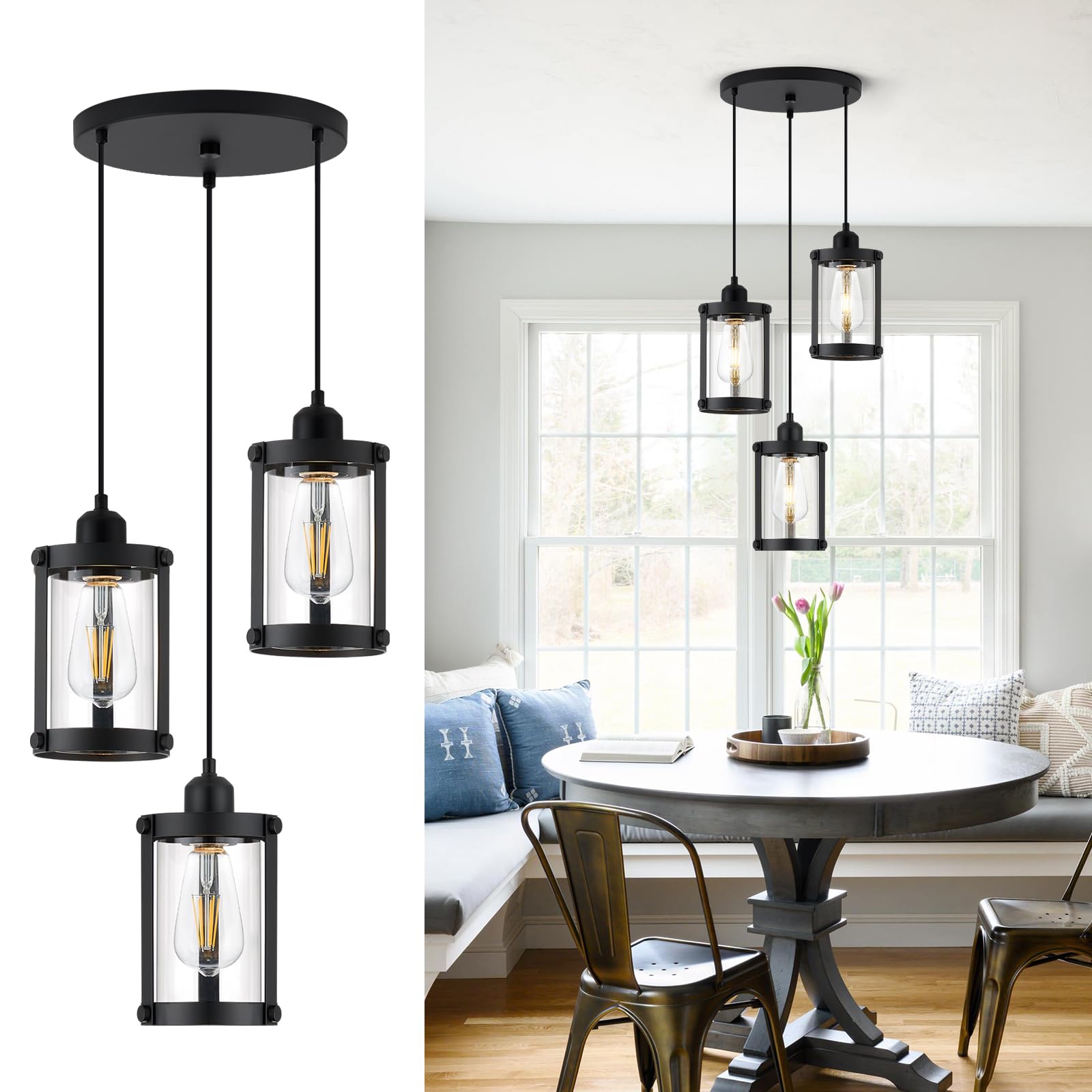 Osimir 3-Light Pendant Lighting, Black Dining Room