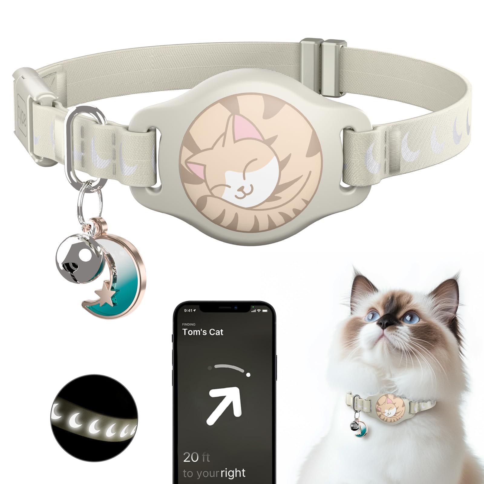 Photo 1 of Cat Collar with Airtag Holder, Breakaway Airtag Cat Collar for Apple Air Tag with Luminous & Reflective Pattern, Waterproof GPS Cat Tracker Collars for Boy Girl Cats Kittens with Bell, Khaki (8-12")