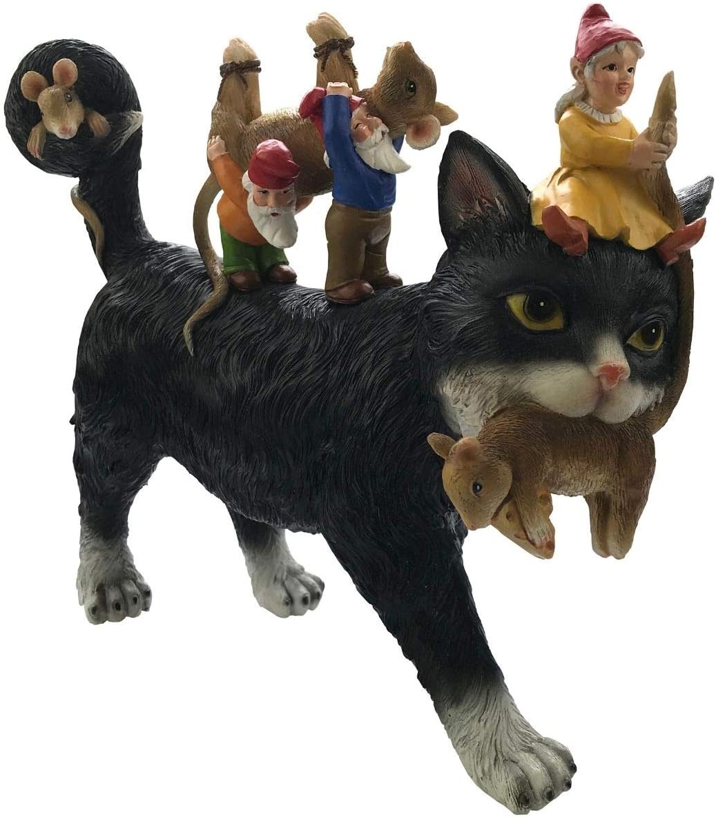 by Mark & Margot - Garden Gnome Mischievous Cat - Statue Figurine - Best Art Décor for Indoor Outdoor Home Or Office (Cat Gnomes Mice Delivery)