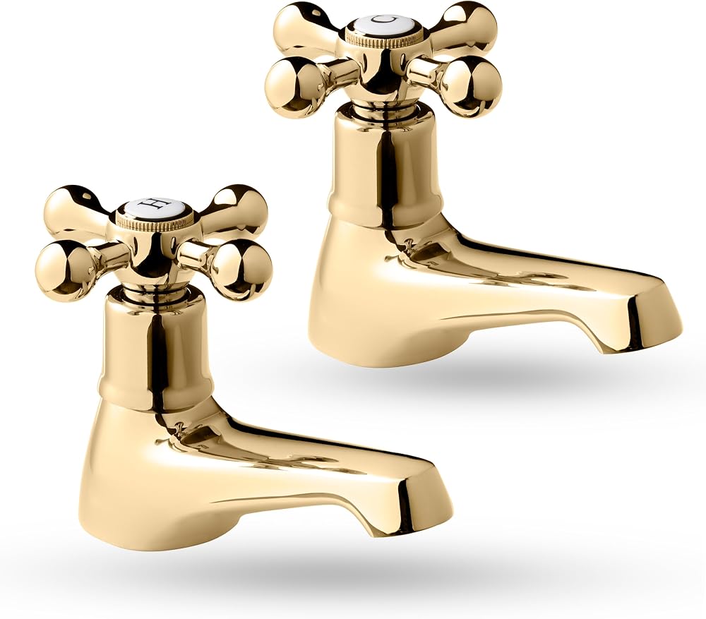 Deva Tudor Gold Bath Taps Victorian Brass Cross Lever Hot Cold Bathroom Pair