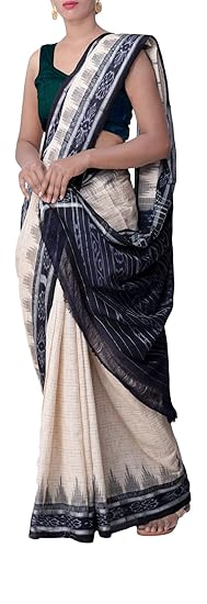 ODISHA HANDLOOM Womens Sambalpuri Cotton Saree (cr bk jhr_Cream & Black)