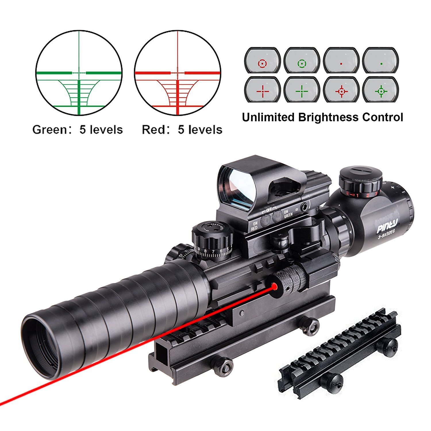 Pinty Rifle Scope 39x32 Rangefinder Illuminated Reflex Sight 4 Reticle Red Dot Laser Sight with