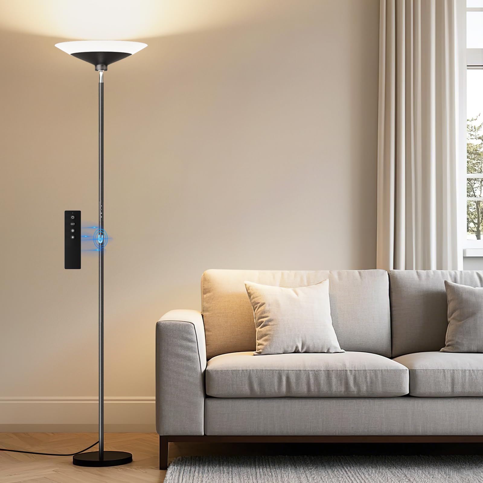 Photo 1 of SIBRILLE Torchiere Floor Lamp - 72" Tall LED Standing Lamp with Remote/Button Control, 1800Lm, 3000-6500K, 30W Dimmable Modern Corner Floor Light for Living Room Bedroom Office Apartment, Black