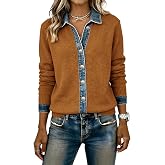 Women's Cardigan Sweaters Denim Patchwork Trim Knitted Tops Long Sleeve Button Outerwear