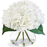 Fawairyc Hydrangea Artificial Flowers in Glass Vase, White Silk Fake Flowers Silk Centerpiece Table Decorations for Dining Room, Coffee Table Decor,Wedding, Home with Faux Water Decor(White)