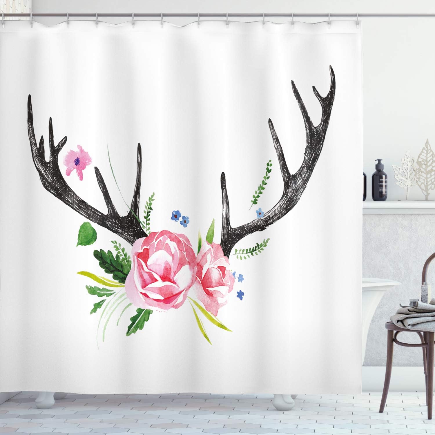 Amazon Com Ambesonne Antler Shower Curtain Black Deer Horns With Pink Roses Floral Wreath Design In Watercolors Wildlife Art Cloth Fabric Bathroom Decor Set With Hooks 70 Long Charcoal Home Kitchen