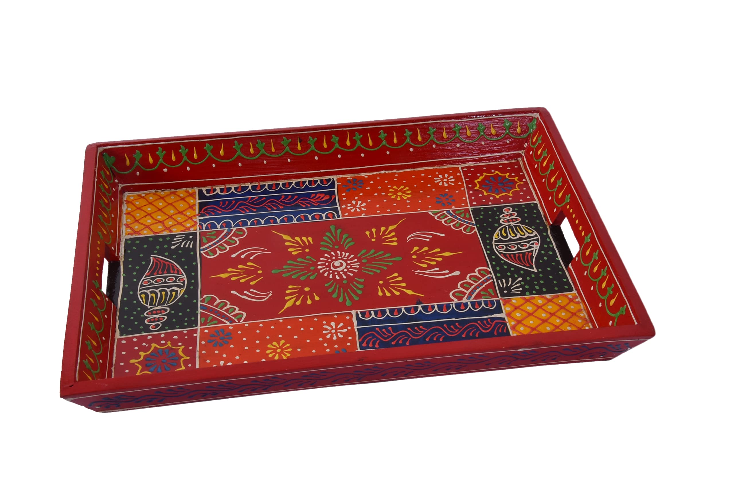 Wooden Decorated Tray Rajasthani Handmade for Home and Gifting (Colored 10X13)