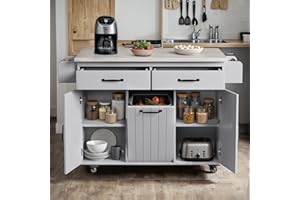Acurax Kitchen Island with Trash Can Storage Cabinet, Rolling Movable Wheels Cart with Drop Leaf, for 9 Gallon Garbage Bin, with Towel Rack and Drawer, Gray