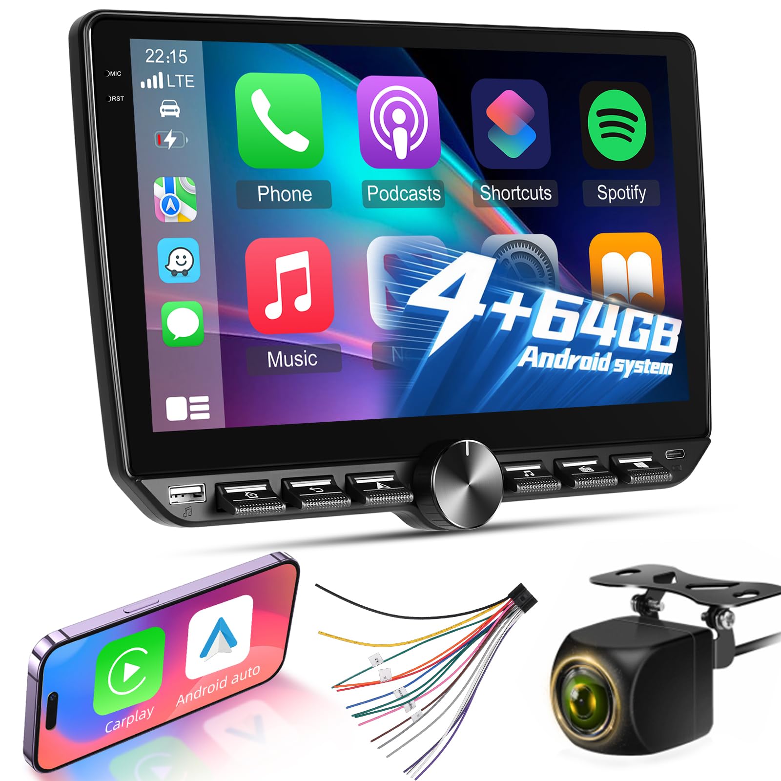 Photo 1 of 4+64G Android 15 Car Stereo with Wireless Carplay & Android Auto - 10 Inch Touchscreen Radio with EQ/DSP/5G WiFi/GPS Navigation/SWC + AHD Rear Camera