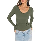 EasyGala Womens Cotton Ribbed Long Sleeve Shirts Lace V Neck T Shirts Fitted Sexy Going Out Tops Casual Fall Outfits