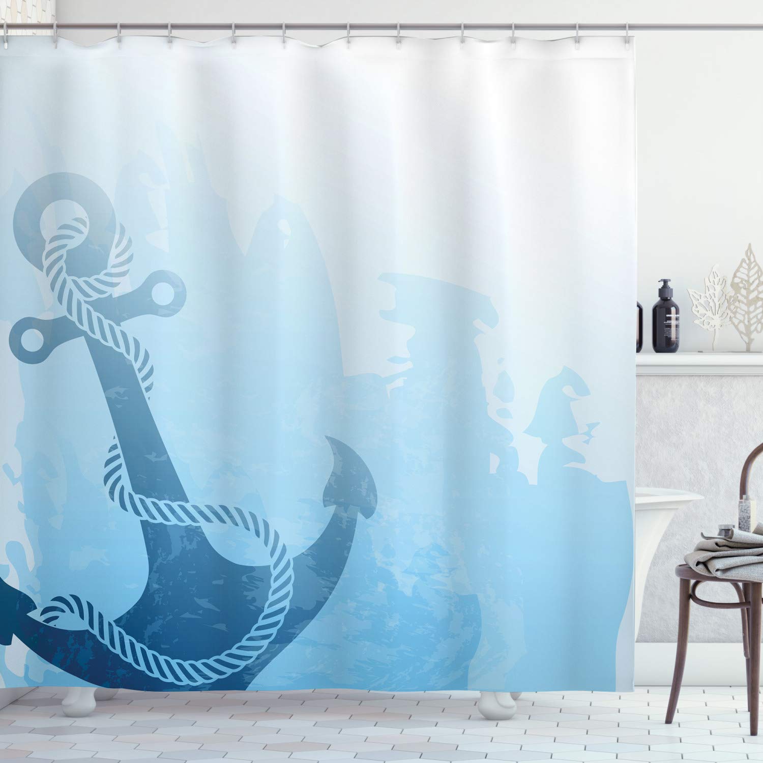 ABAKUHAUS Nautical Shower Curtain, Monochrome Anchor Illustration Deep down in the Sea Bottom Be Strong and Stable, Cloth Fabric Bathroom Decor Set with Hooks, 175 x 200 cm, Light Blue