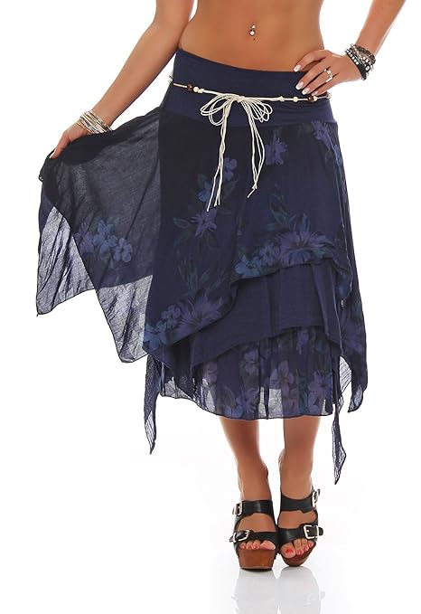Zarmexx Damen Zipfelrock knielanger Sommerrock Lagenlook Flower-Print Midi Rock One Size