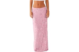 SOOKABEILA Women Y2k Sequin Long Skirt Bead Floral Embroidery Maxi Skirt Low Waist Rhinestone Glitter Bodycon Club Skirt