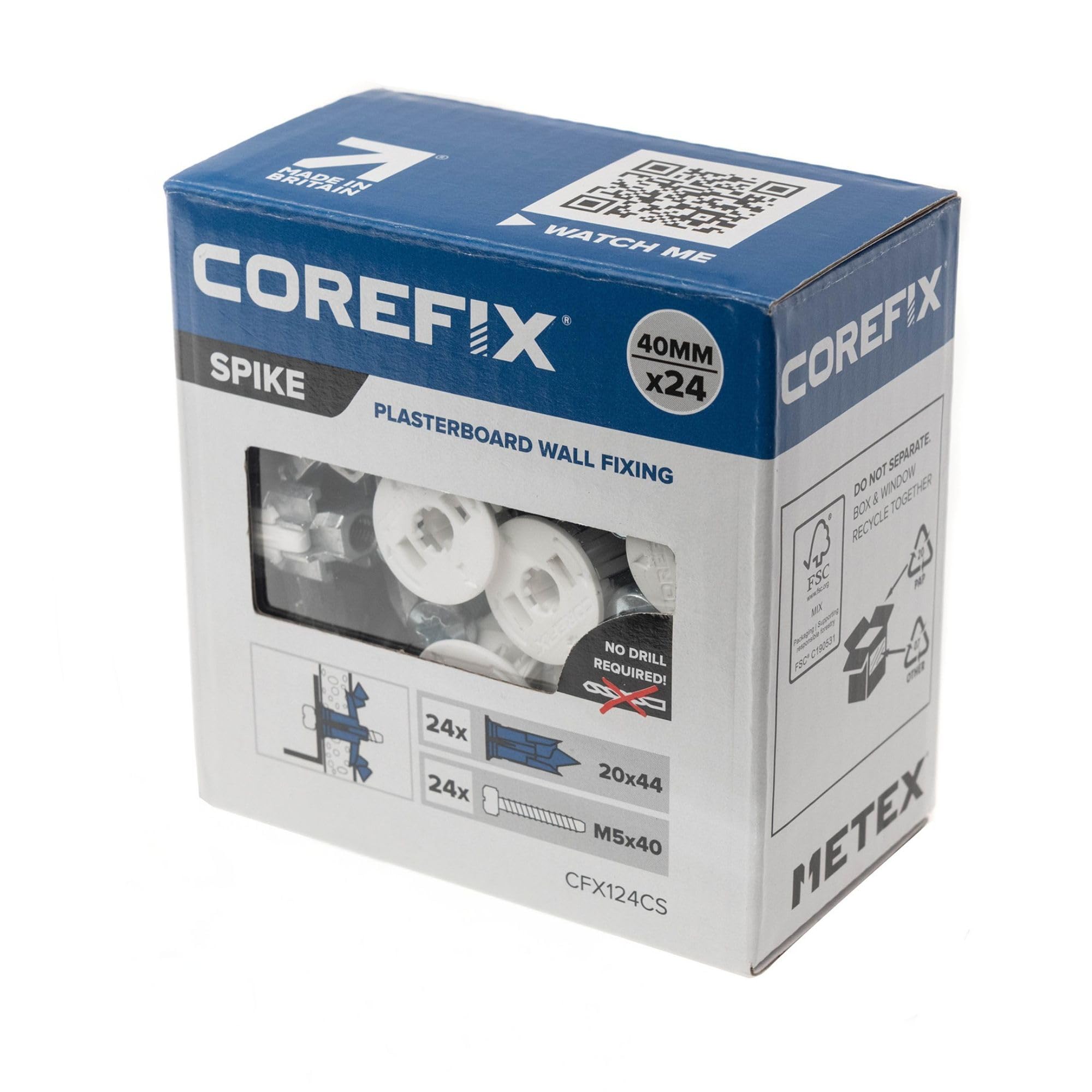 Corefix Spike Heavy Duty Plasterboard Fixings 24 Pack, DIY Kit with M5x40mm Screws. Easy to Install with NO Drill Required. Drywall Anchor, Wall Plug Alternative Suitable for All Plasterboard Types.
