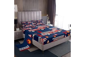 Cartoon Car Bed Sheets Set Fire Truck Sheet Set for Kids Boys Girls Room Decor Firefighter Sheets with Deep Pocket Fitted She