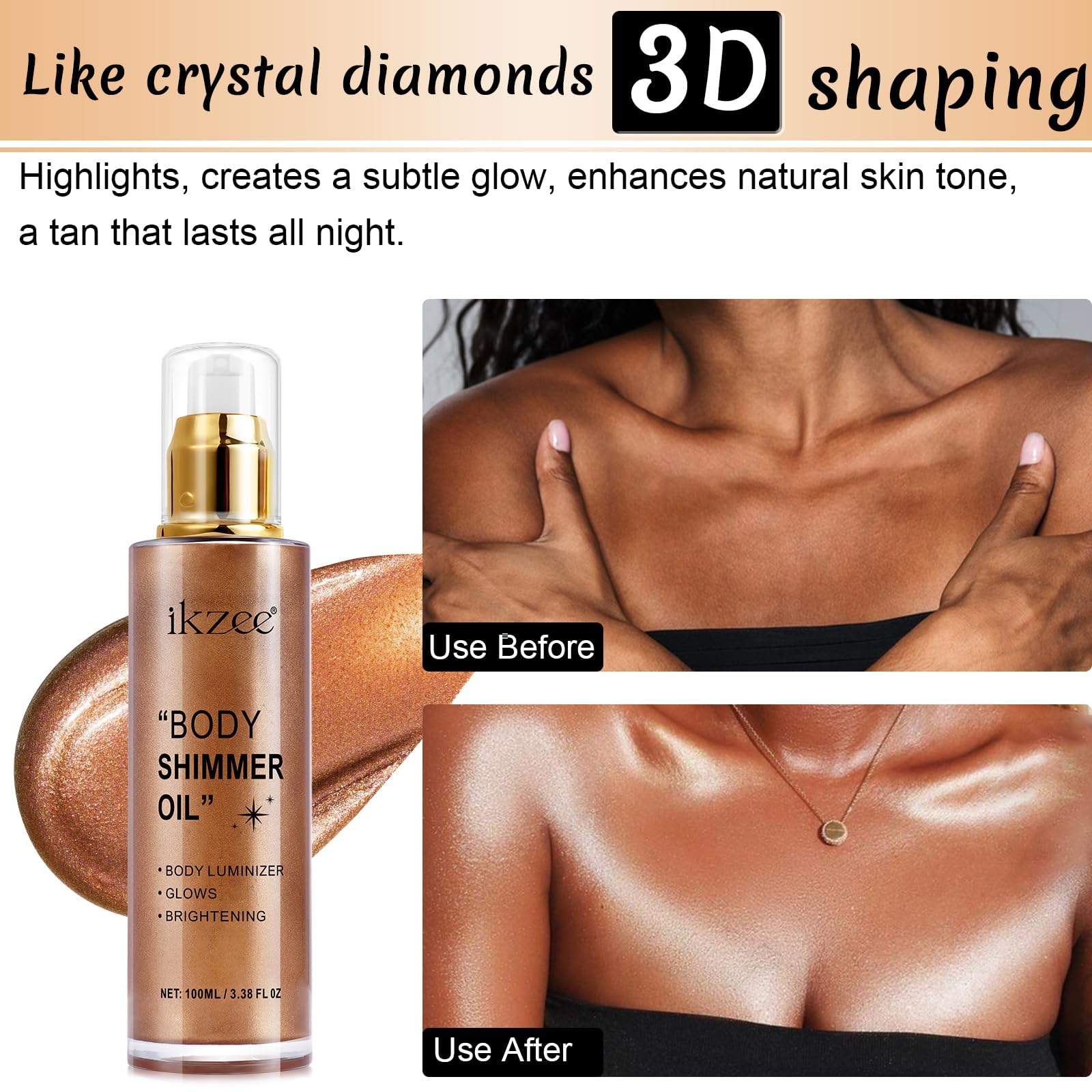 UCANBEMAKEUP Shimmer Oil 100ml, Moisturizing Long Lasting Body Luminizer Face Brighten, Waterproof Liquid Illuminator Glow, Glitter Oil Highlighter Summer Glowing Makeup (#03 Bronze Gold)