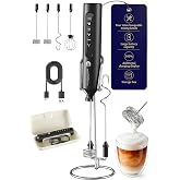 Rechargeable Milk Frother with Stand, 4 Interchangeable Whisks &amp; Travel Case &ndash; Handheld Mixer for Lattes, Matcha, Hot Chocolate, Eggs &amp; Protein Shakes