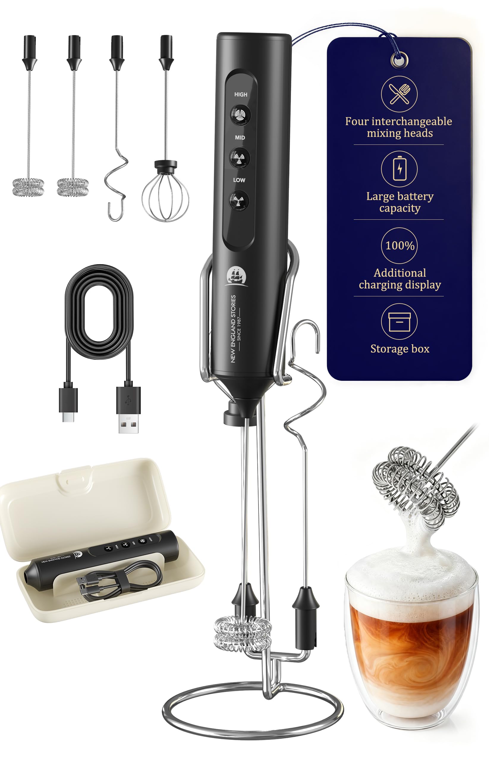 Rechargeable Milk Frother with Stand, 4 Interchangeable Whisks & Travel Case – Handheld Mixer for Lattes, Matcha, Hot Chocola