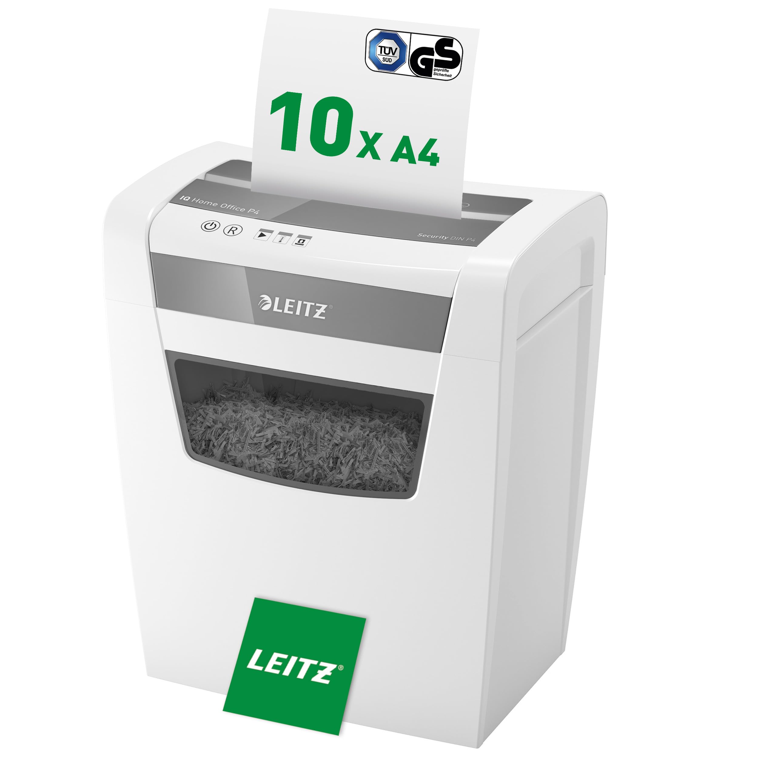 Leitz IQ Aktenvernichter Home Office, 12-10 Blatt (70-80 g/m²), TÜV+GS zertifiziert, Partikelschnitt, Sicherheitsstufe P4, Die Nummer 1 am Markt, 23L Behälter, Schredder für Büro, Weiß, 80090000