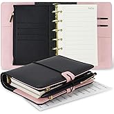 Koqye A7 Refillable Planner Small Binder Notebook 6 Ring, Portable PU Leather Organizer with Zippered Pocket, To-Do & Blank Refill Papers, Dividers, Monthly Sticker, Pen, for Students, Professionals, Travel (Black & Pink)