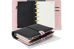 KOQYE A7 Refillable Planner Small Binder Notebook 6 Ring, Portable Leather Organizer with Zippered Pocket, To-Do & Blank Refill Papers, Dividers, Monthly Sticker, Pen, for Students, Professionals, Travel (Black & Pink)
